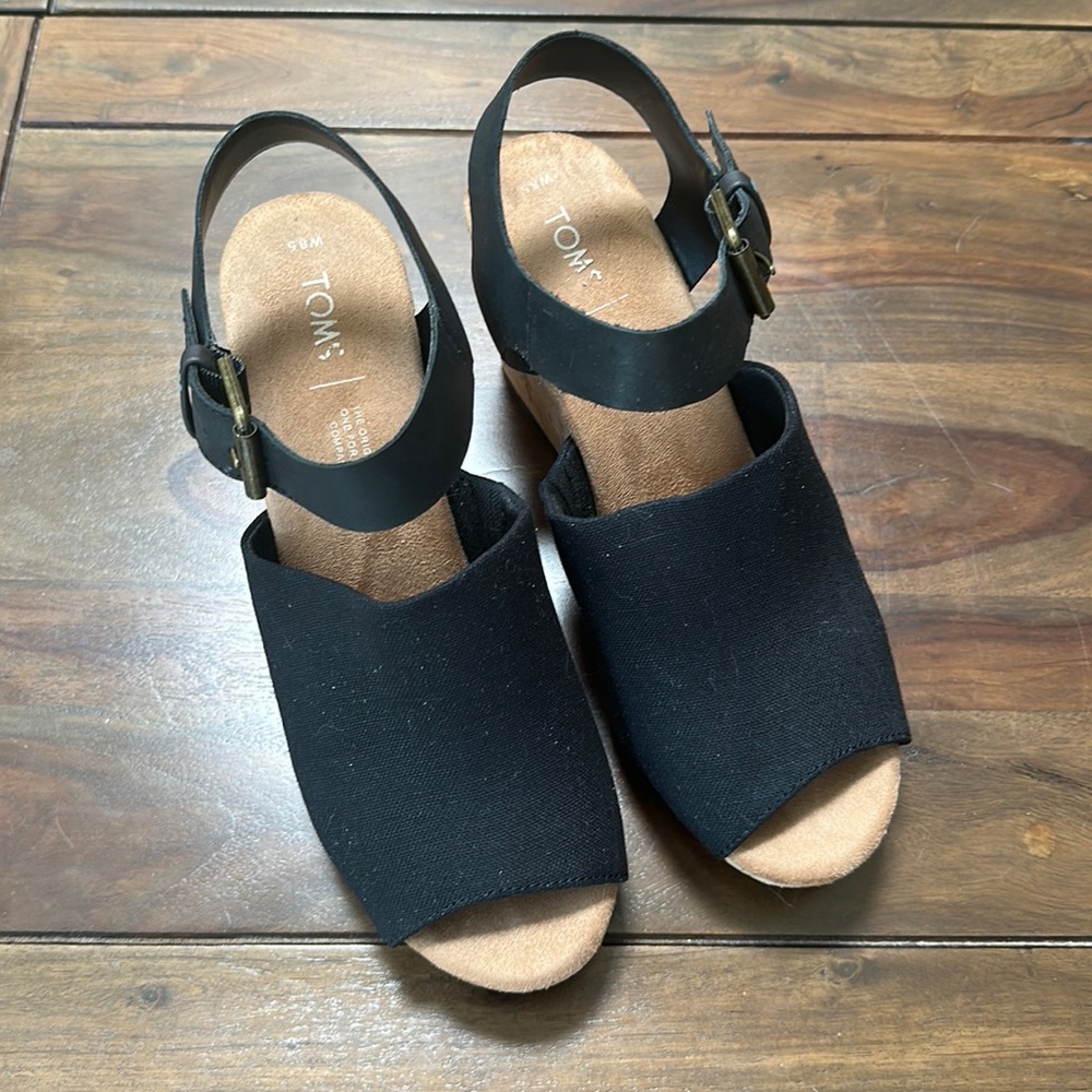 TOMS Tropez Black Canvas Leather Wedge Sandal Heel